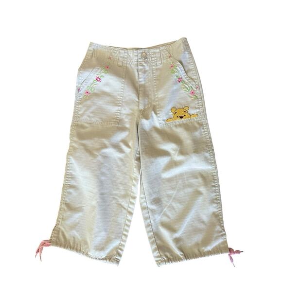 Vintage y2k sz 7 Pooh winnie the poo embrodiered kahki wide leg pants girls - Picture 1 of 4